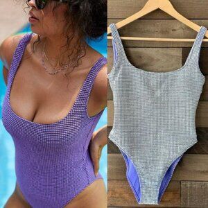 Aerie Women's Lurex Crinkle Babewatch One Piece Swimsuit in White / Purple